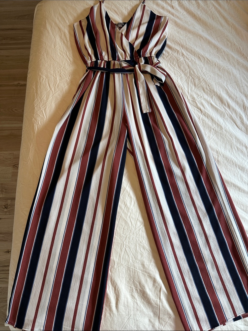 J for Justify Striped Wrap Jumpsuit in Burgundy, Navy & Cream
